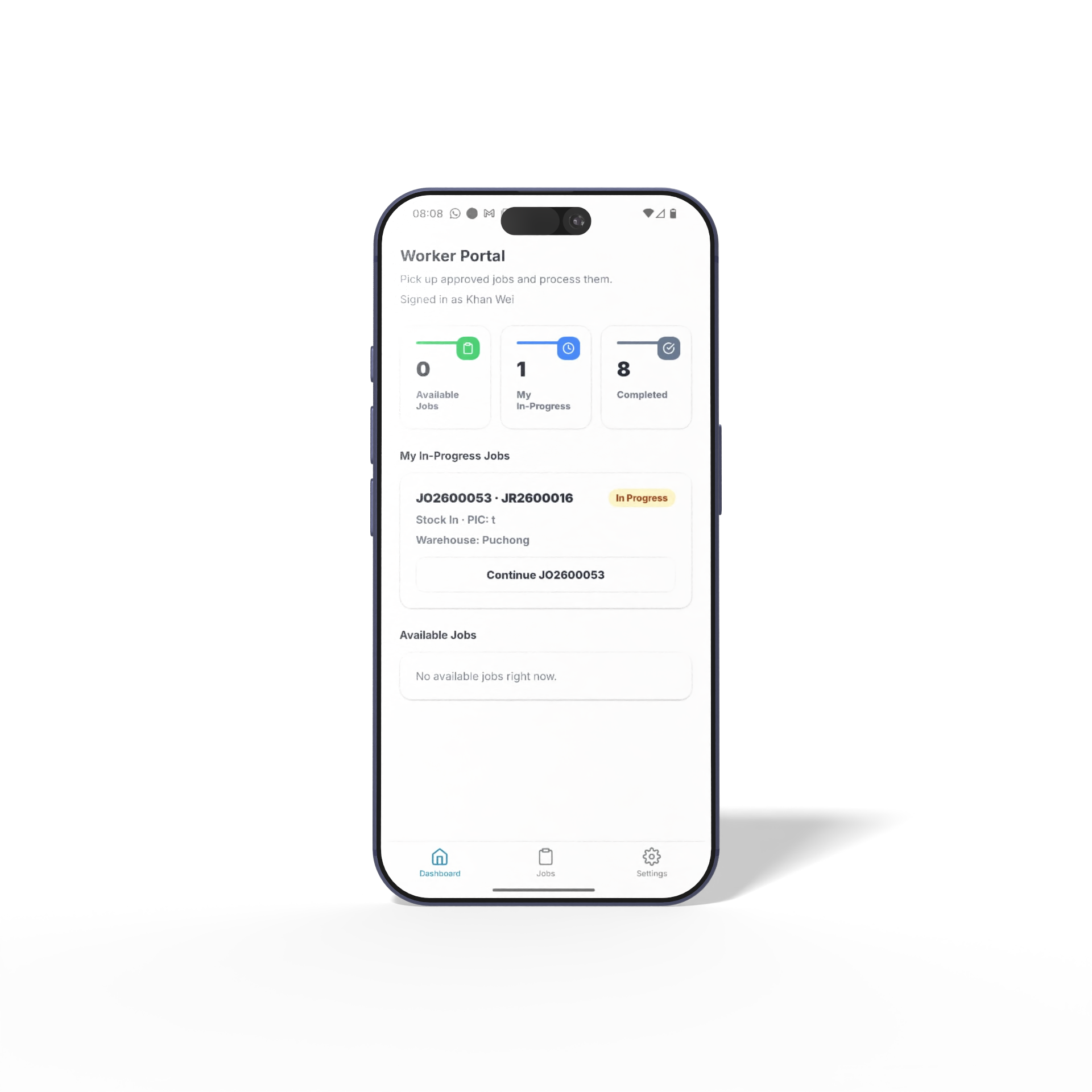 JSH System worker portal on mobile